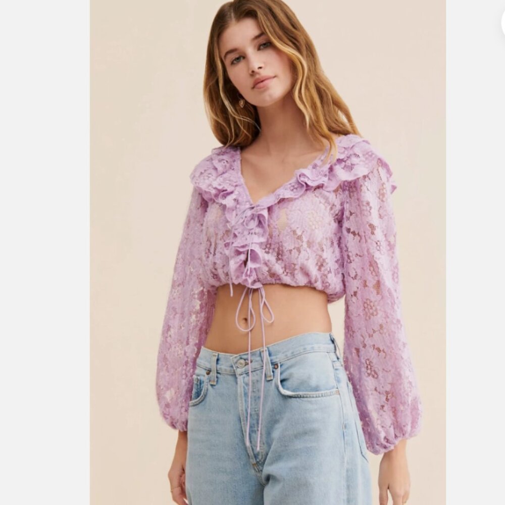 For Love & Lemons‎ Tatiana Lavender Long Sleeve Crop Lace Blouse Top Size S